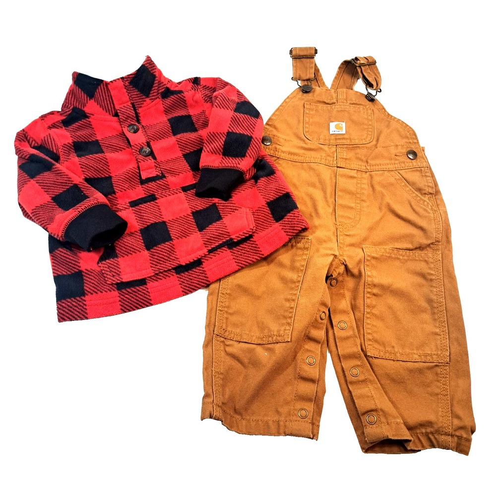 Carhartt Overalls Baby 9m Canvas Bibs Double Knee Buffalo Plaid Fleece 12m Gorp